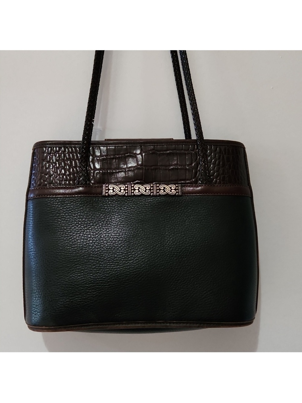 Vintage Brighton Leather Shoulder Bag Black Brown Croc Embossed Silver Accent